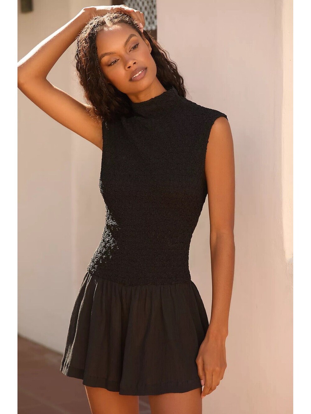 Anthropologie Popcorn Textured Romper Sz Medium Smocked Ruched Sleeveless Black